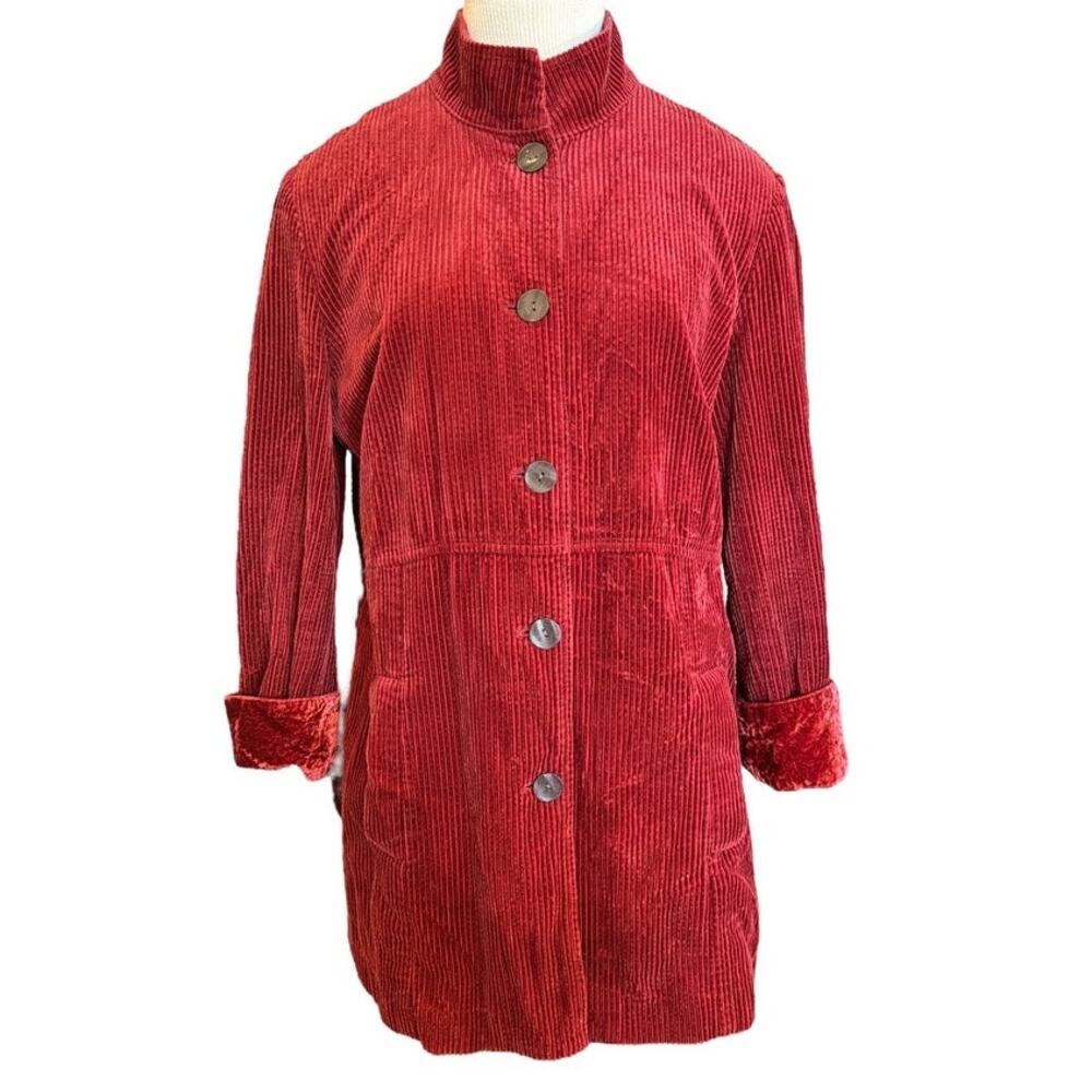 J. Jill Corduroy Swing Barn Coat Velvet Cuffs Buttons Sz M Red Boho Western Cozy